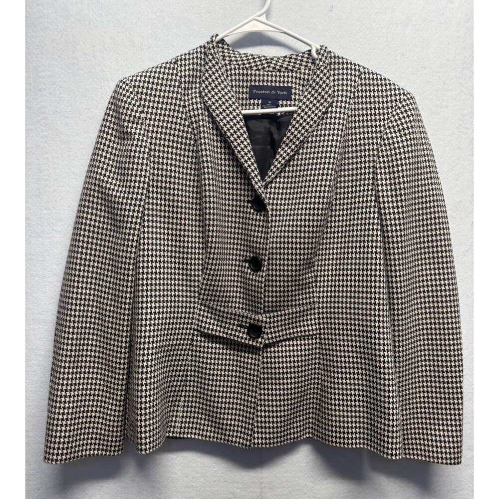 Preston & York Womens Houndstooth Blazer Size 10 Black & White 100% Lined